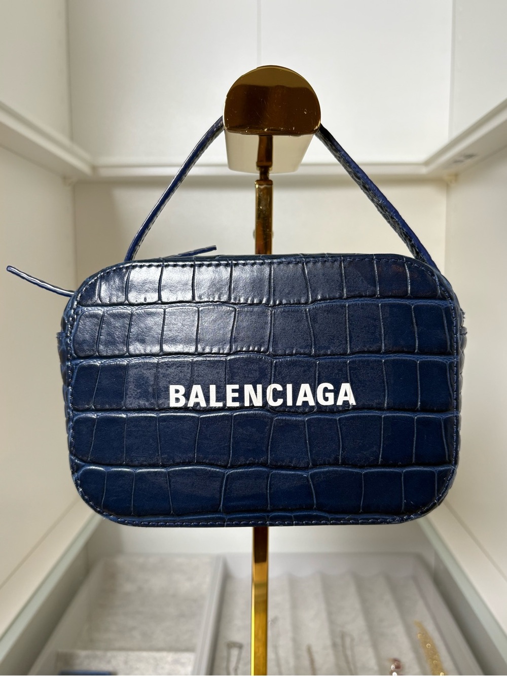 Balenciaga Croc-Embossed XS Camera Crossbody Bag in Navy/White